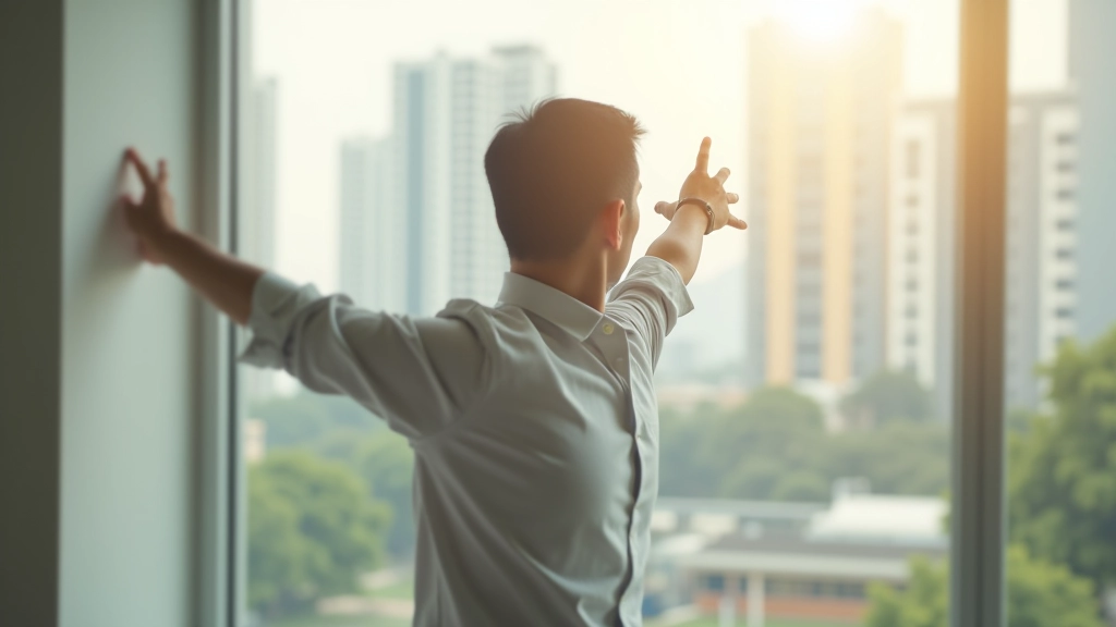 Person taking a break from work, stretching by window with natural light coming through