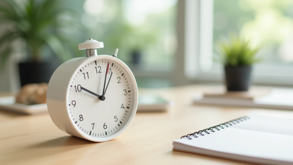 Pomodoro timer showing 25 minutes on clean desk with plant and notebook